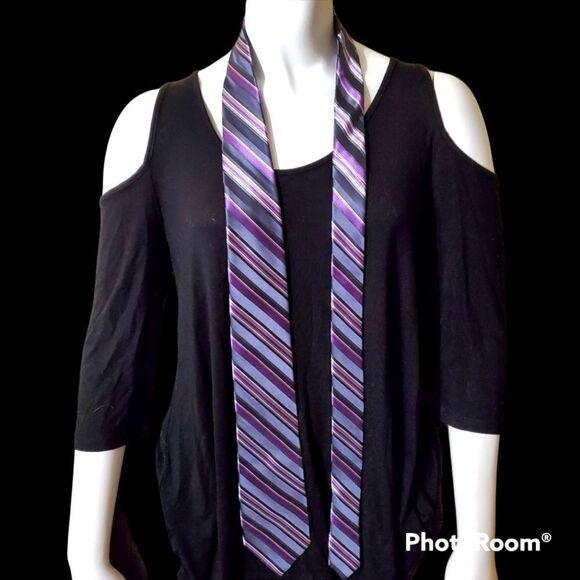 DKNY Gray, Purple, & White Striped Silk Tie - Picture 1 of 5